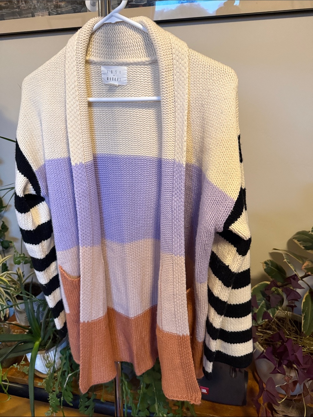 Colorblock Open-Front Cardigan in Cream, Lavender & Rust